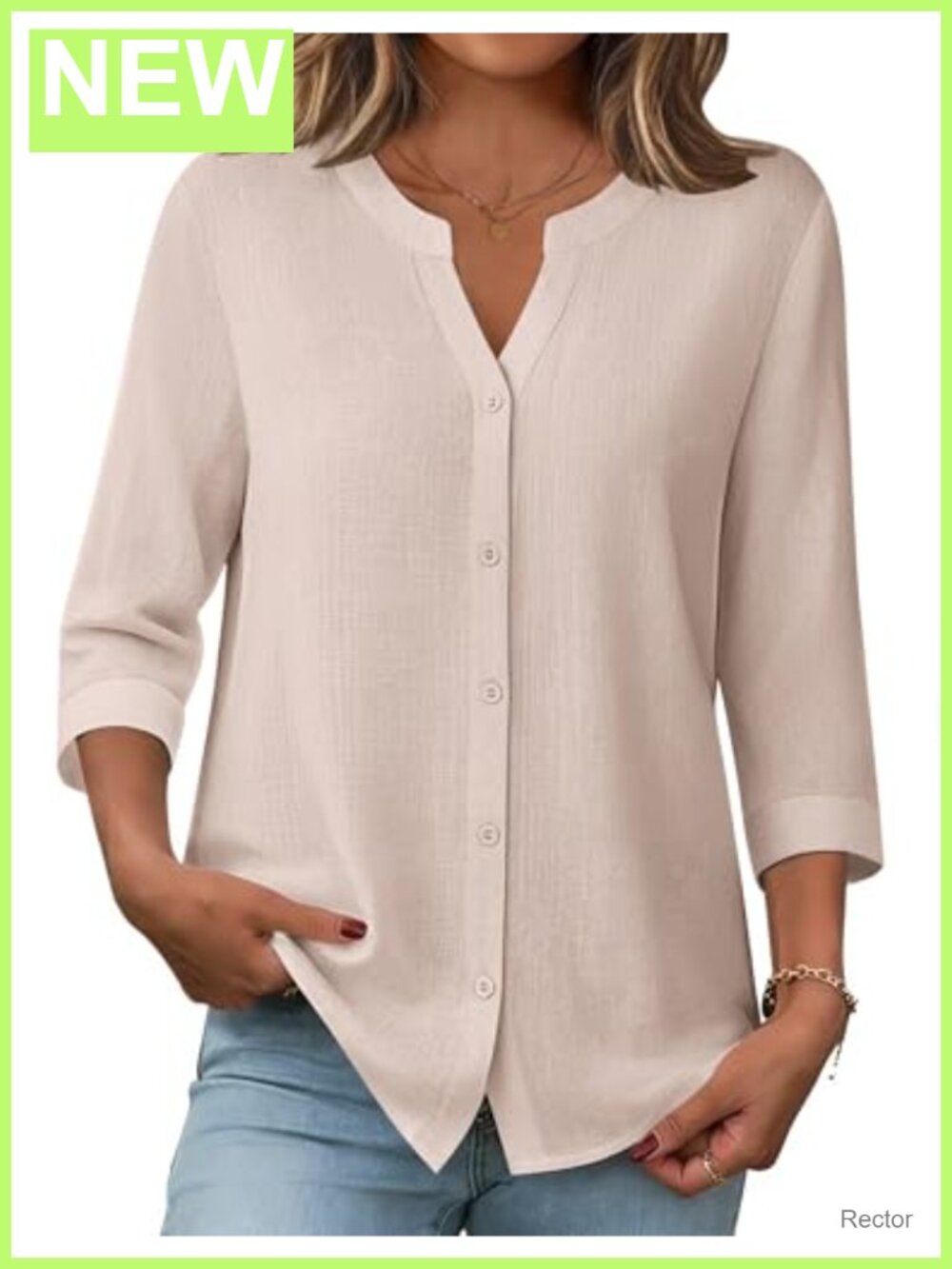 Women 3/4 Sleeve Button Down Linen Cotton Blouse Work Top